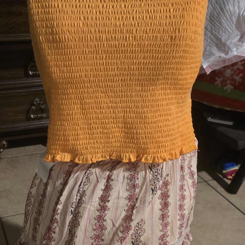 Crace FAME Orange Crop Top and Cream Mini Skirt